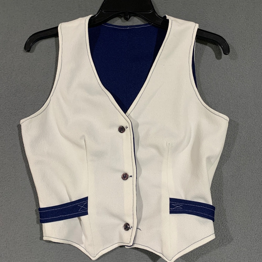 Handmade Reversible Vest Womens Small White Navy Blue Button Front Waistcoat
